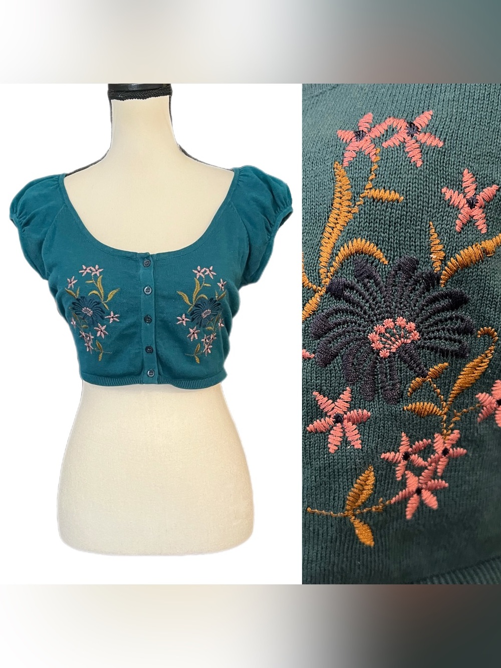 Vintage Betsey Johnson New York Embroidered Floral Cropped Cardigan